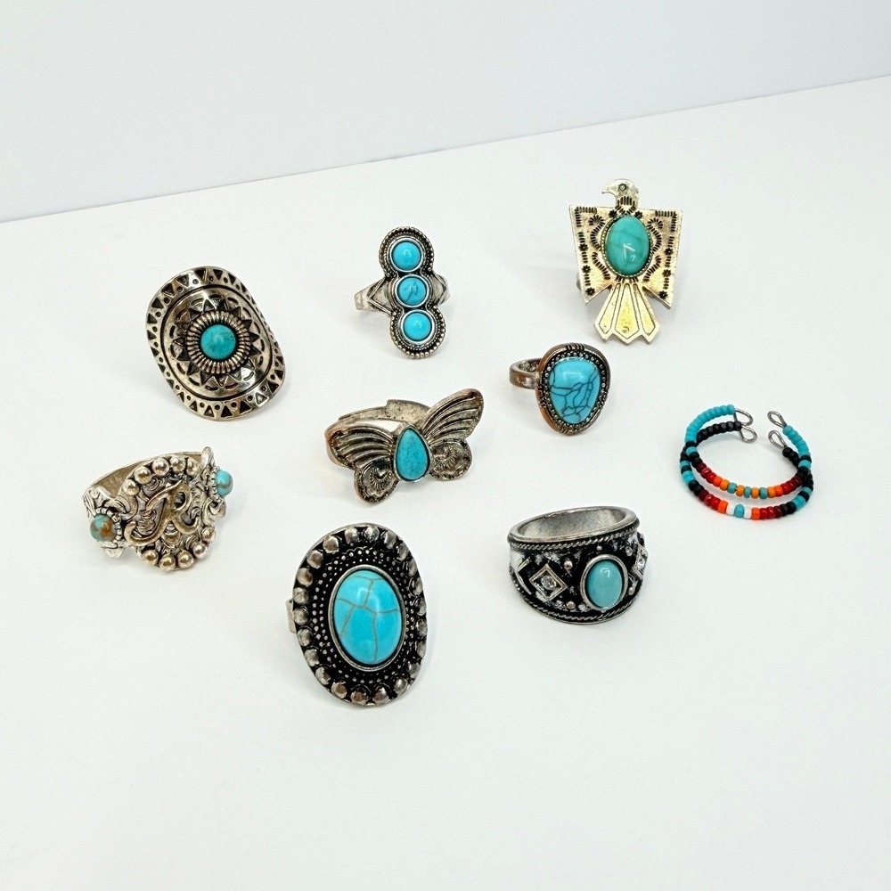 Boho Southwestern Turquoise Silver 10 Ring Set Thunderbird Butterfly Beaded